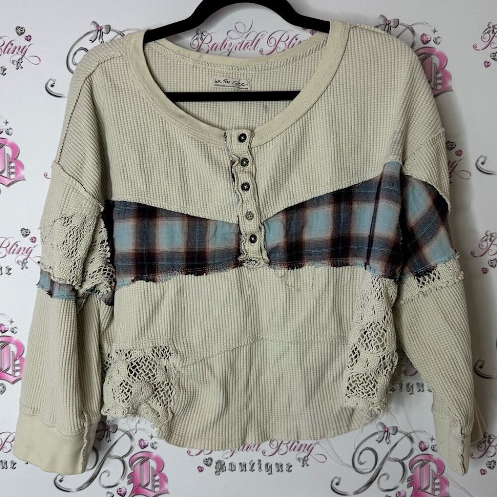 We The Free Cream Waffle Knit Top distressed crochet plaid buttons free people